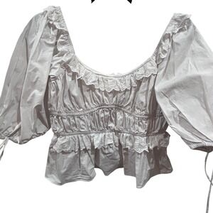 Kourt White Ruffle Square Neck Puff Sleeve Smocked Peplum Top Size S